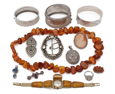 An early 19th century carved coral cluster brooch and a selection of silver and costume jewelleryfirst tests as gold, togethe