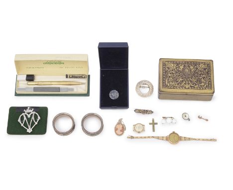 A 9ct gold manual wind wristwatch and other itemsfirst stamped 9.375, on a gold plated sprung bracelet, together with two fin