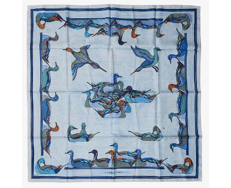 An Hemès 'La Mare Aux Canards' silk scarf designed by Daphne Duchesne, featuring a quadruplet of ducks to form the border aro