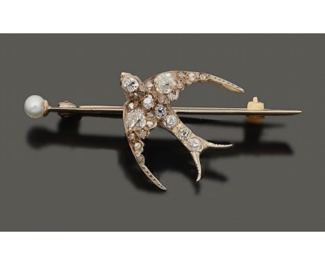A mid Victorian diamond-set and pearl swallow bar broochthe old-cut diamond-set swallow in flight  with ruby eyes mounted in 