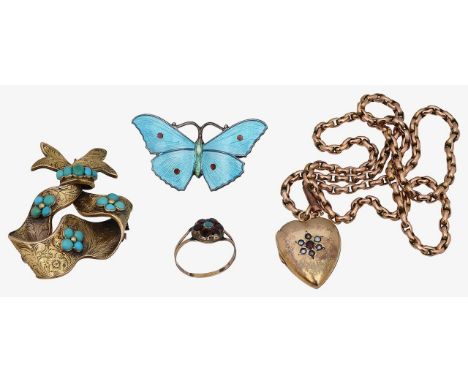 A turquoise bow brooch, heart locket pendant, ring and enamel butterfly brooch a sweetheart ribbon brooch with natural caboch