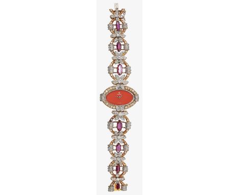 A lady's diamond and ruby bracelet wrist watchthe vacant oval dial signed 'Omega' to the articulated bracelet composed of a g