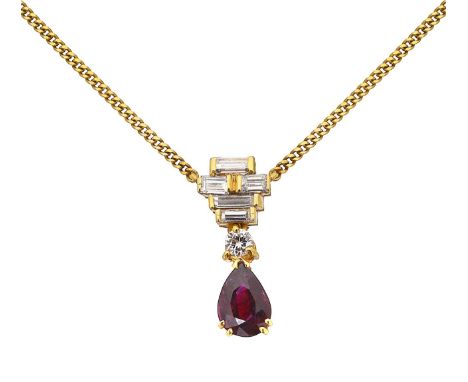 A ruby drop and diamond baguette necklace in 18ct yellow goldhandmade pendant with geometric end set diamond baguettes above 