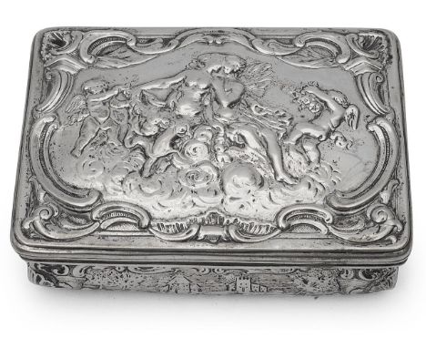 A German Hanau silver trinket box c.1900pseudo marks,rectangular, the hinged lid repousse embossed with embracing lovers and 