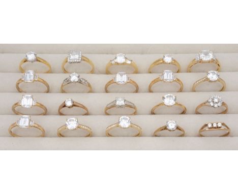 A collection of hallmarked CZ ringsfeaturing one 18ct hallmarked single stone, four 14ct ring and fifteen 9ct rings.(20)total