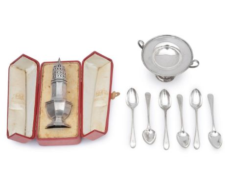 A George V Scottish sugar caster and other silverfirst Edinburgh, 1914, Hamilton &amp; Inches, of octagonal baluster form, in