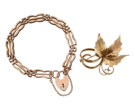 A 9ct gold stylish 70's leaf brooch with a heart lock gate bracelet with 9ct hallmark to rev of leaf brooch together with ros