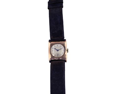 A 1920s' gentleman's 9ct gold manual wristwatchcircular silvered dial with black Arabic numerals, gold dot minute markers and