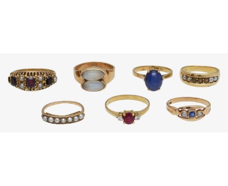 A collection of seven ringsincluding three late 19th/early 20th century half pearl  and yellow gold rings, one in hallmarked 