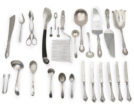 A collection of mostly American silver serving items and other silvervarious makers, comprising a pair of servers by Alvin Mm