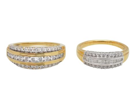 A pair of 18ct diamond eternity bandswith 18ct hallmark and 0.33ct stamp, central channel set baguette diamonds with round br