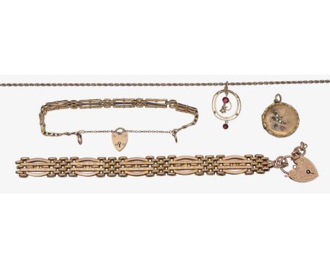 Two gate bracelets with two pendants and a rope chain with 9ct stamp to heart catch, five bar fancy pattern gate bracelet, a 