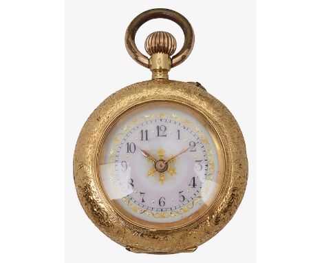 An 18K gold lady's open faced keyless fob watch the white enamel dial with pale pink chapter ring and black Arabic numerals a