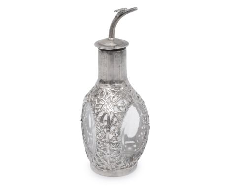 A Chinese export silver caged glass dimple bitters bottle c.1920stamped Sammy Sterling, Hong Kong pierced with dragons, bambo