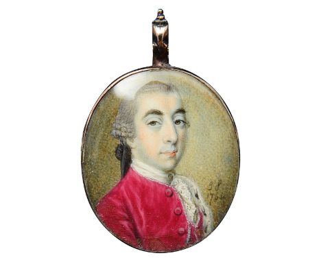 James Scouler (British, 1740-1812) Portrait miniature of a gentleman facing right, wearing crimson jacket, stock and frilled 