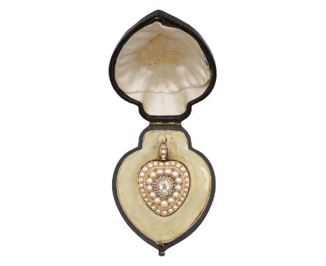 A mid Victorian diamond, pearl and enamel heart-shaped locket pendantthe locket centrally-set with a pear-shaped old brillian