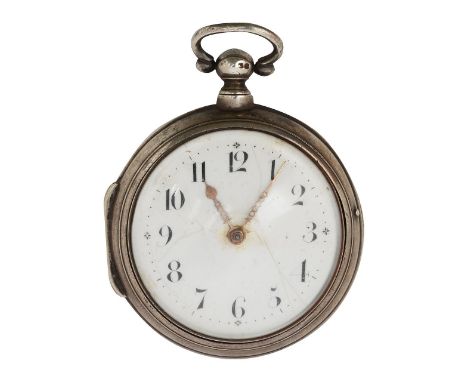 A George III silver verge pair cased pocket watch white enamel dial with Arabic numerals, minute markers and gilt hands, the 