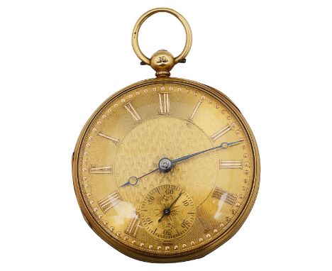 A Victorian 18ct gold open faced key wind pocket watch the dial with raised Roman numerals, blued steel hands, subsidiary dia