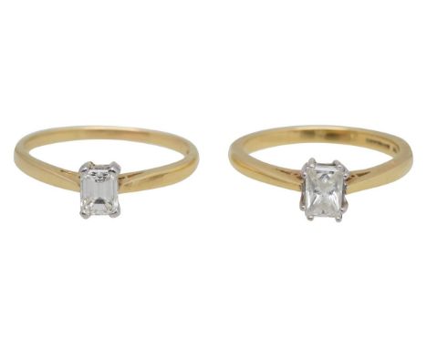 An 18ct emerald cut diamond and a radiant cut diamond ringwith 18ct hallmark, four claw emerald cut diamond ring with tiffany