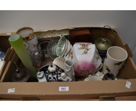 A miscellaneous selection of items including an Adams Tunstall dipped blue Jasperware hunting scene biscuit barrel (missing k