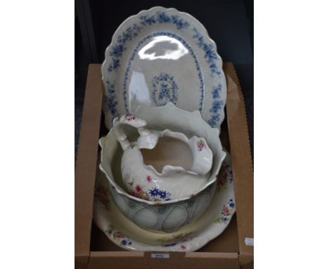 An Art Nouveau Blakeney 'Fleur' planter AF, an Ironstone water jug and bowl having flower basket decoration and a large blue 