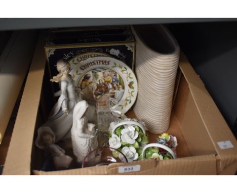 Four Aynsley Christmas plates, two Aynsley posy baskets and a smaller similar, a glass swan and a large ceramic oval vase etc