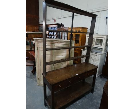 An Antique Oak Pot Board Dresser The Base Having Three Drawers Together With A Three Shelf Rack