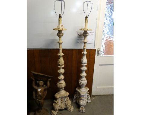 A Pair Of Cream Painted Carved Standard Lamp Bases On Claw Feet