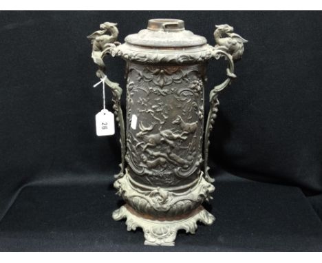 A Cylinderical Cast Metal Two Handled Lamp Base With Stag Hunt Scene
