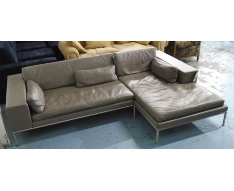 CORNER SOFA, by Contempo in a payes grey nappa leather with metal feet, 250cm x 160cm W x 60cm H.