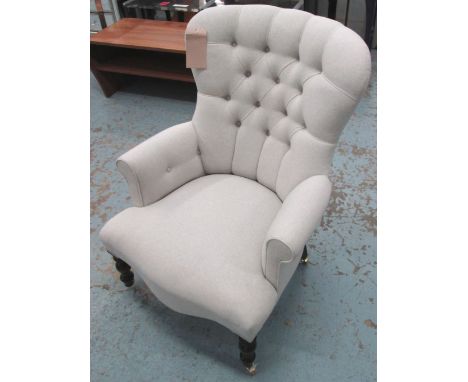 ARMCHAIRS, a pair, with linen covers button back in turned supports, 67cm W. (2)