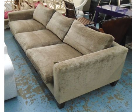 SOFA, three seater, in taupe fabric on square supports, 268cm L. (with slight faults)