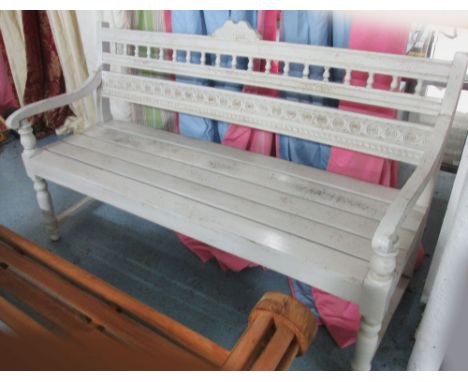 BENCH, hardwood distressed cream finish with carved decoration, 156cm L x 91cm H x 57cm D. 