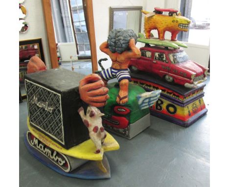 MAMBO, three pieces in fibreglass of surfboard on car, 141cm H with faults, male swimmer 120cm H and speaker 93cm H all by St