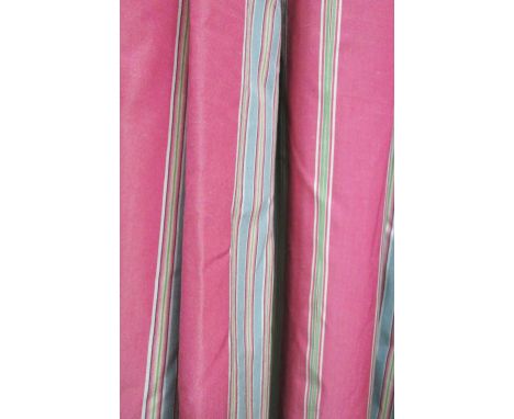 CURTAINS, a pair, in striped fabric lined and interlined with tiebacks, 79cm gathered by 258cm drop. (2)