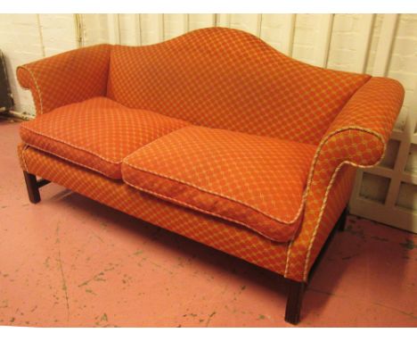 SOFA, Georgian style beechwood with a hump back and red patterned upholstery, 182cm L x 89cm H. (with faults)