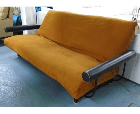 SOFA BED, Danish design of futon form with a brown alcantara back and seat, 100cm D x 91cm H x 217cm W. 