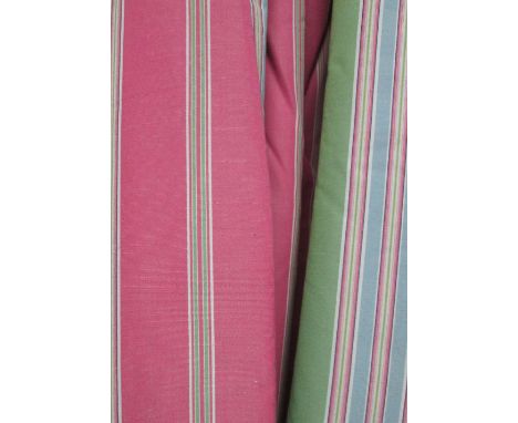 CURTAINS, a pair, in striped fabric lined and interlined with tiebacks, 79cm gathered by 258cm drop. (2)