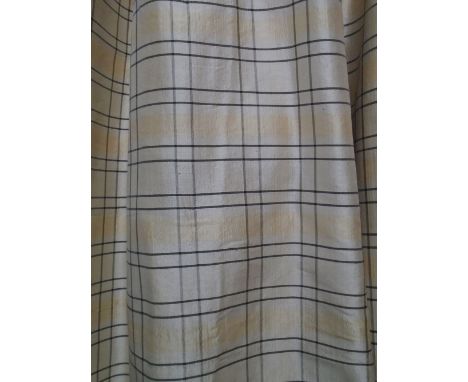 CURTAINS, two pairs, in a checked silken fabric, lined and interlined, one pair 112cm x 325cm drop, the other pair 130cm x 32