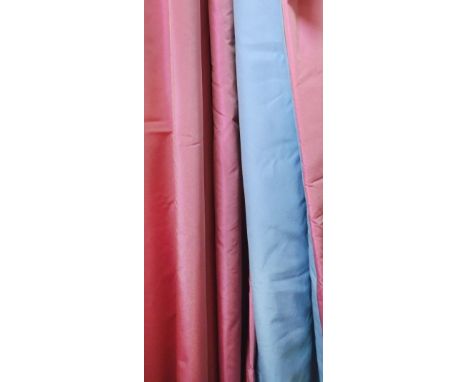 CURTAINS, a pair, in pink Colefax and Fowler fabric lined and interlined, 112cm gathered by 315cm drop. (2)