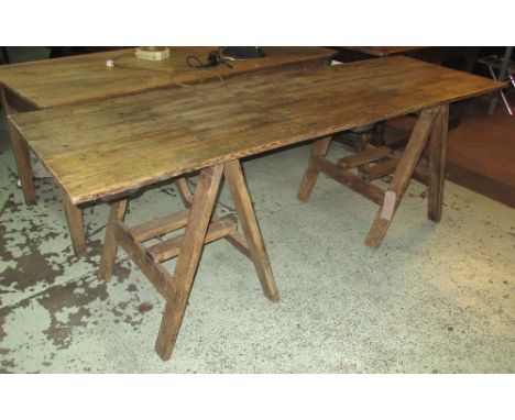 TRESTLE TABLE, vintage pine with planked top and twin supports, 66cm x 209cm W x 77cm H. 