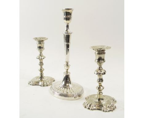 SILVER CANDLESTICK, by Walker & Hall, Sheffield 1906, 28.75cm H; & a pair of Georgian Revival candlesticks circa 1900 by Elki