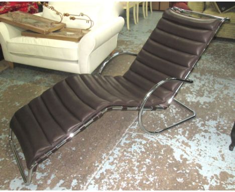 MIES VAN DER ROHE STYLE LOUNGER, in black leather with metal supports, 160cm x 85cm H.