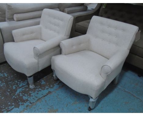 CLUB CHAIRS, a pair, button back, in oatmeal fabric on front castors, 70cm W. (2)