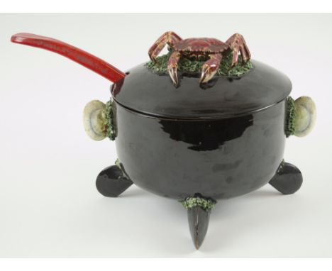 MAJOLICA SOUP TUREEN, circa 1930's with a crab decorated cover, clam sides and a ladle, 20cm H x 27cm W, ladle 34cm L. (with 