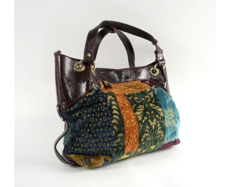 ETRO TOTE BAG, multicolor velvet paisley print with patent burgundy leather trim, double handle, magnetic snap closure, 40cm 