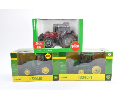 Britains 1:32 scale John Deere 7280R Tractor, 8345RT and Siku MF8690 Tractor. NM-M in E Boxes. (3)