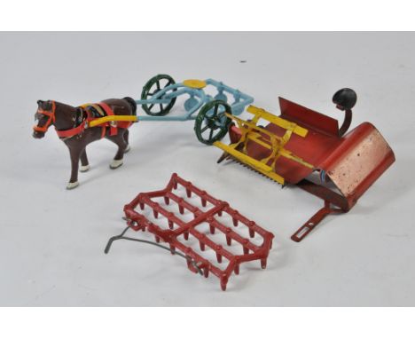 Group of interesting farm items including BP (Denmark) Massey Harris Binder, AVH (repainted) Horse and Cultivator plus Hubley