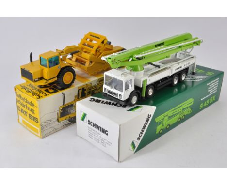 NZG 1:50 scale CAT 615 Scraper plus Conrad Mack Schwing Pump Truck. Both NM-M in G-VG Boxes. (2)