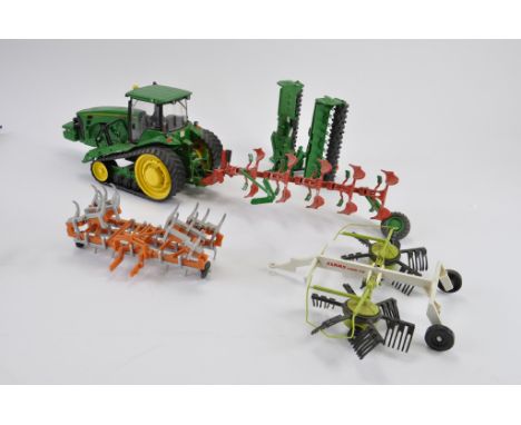 Group of mainly modified and custom farm models including Britains John Deere 8430T Tractor, Folding Harrow, Plough and other
